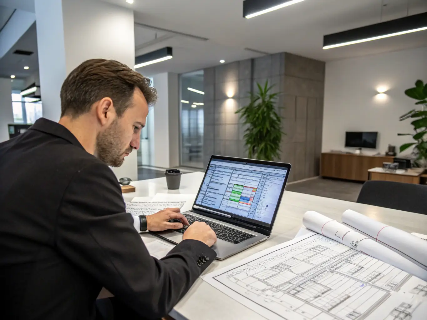 An image showing a professional estimator working on a digital tablet with building plans in the background, in a well-lit office setting.