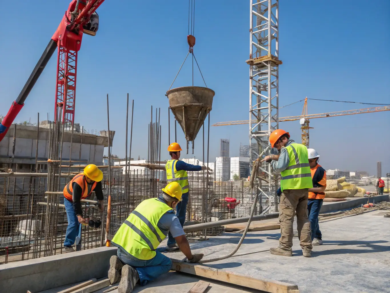 An image showing a construction site with workers and materials, alongside a digital tablet displaying quantity data, during a sunny day.