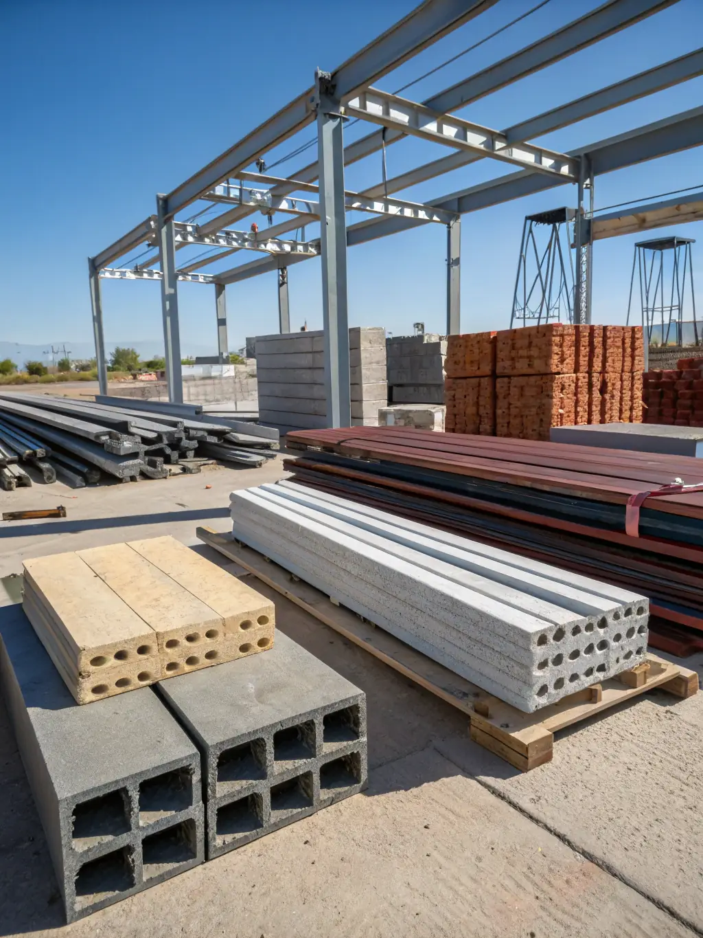 A close-up shot of various construction materials (lumber, bricks, steel) neatly organized, with a worker in the background checking inventory. The image conveys efficiency and resource management.