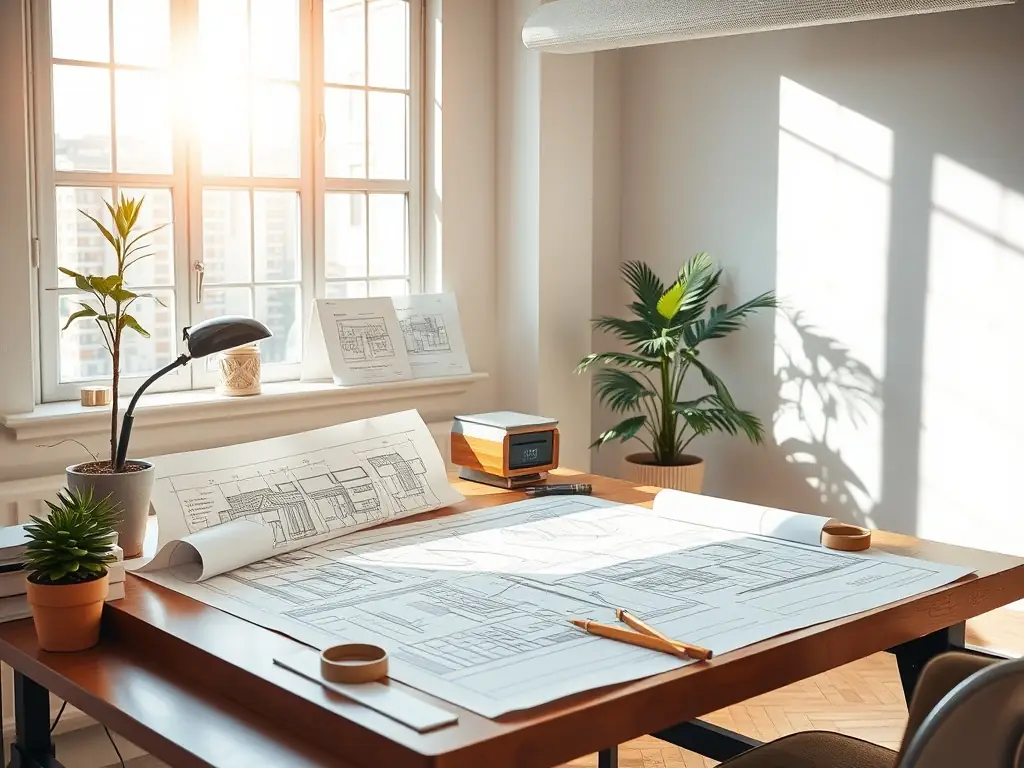 An image of detailed architectural blueprints spread out on a drafting table with a designer working on a computer, in a modern architectural office.