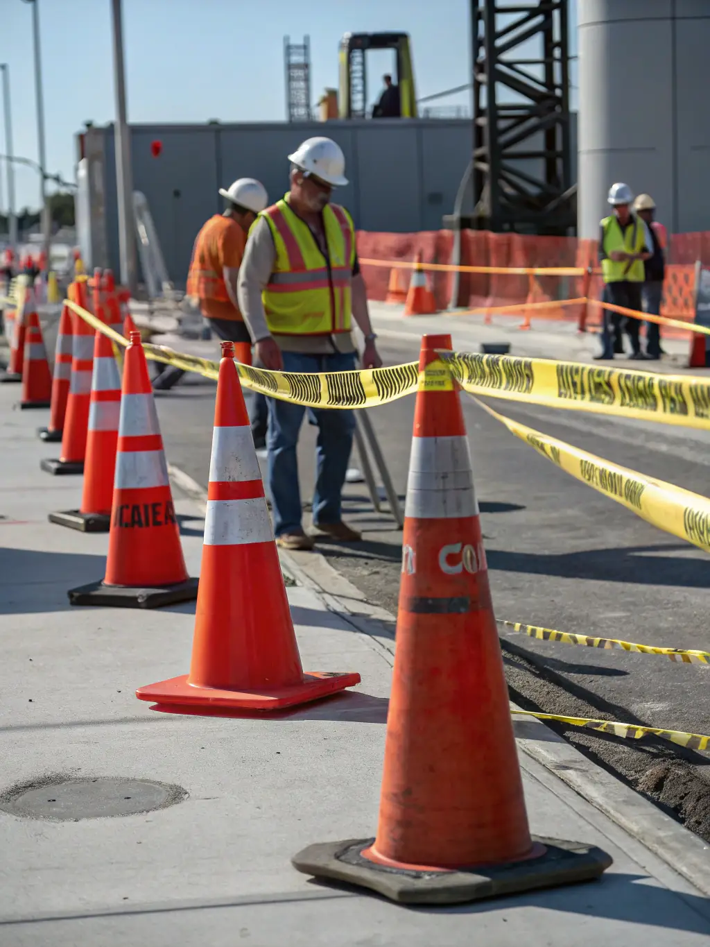 A construction site safety sign prominently displayed, with workers wearing safety gear in the background. The image emphasizes a safe and compliant work environment.