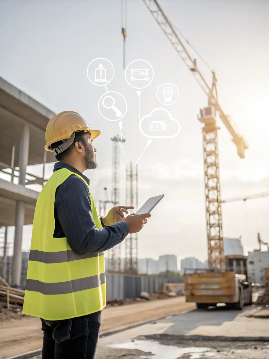 A construction worker using a digital tablet on a building site, reviewing cost estimates with a project manager. The scene is brightly lit, emphasizing the use of technology in modern construction cost management.